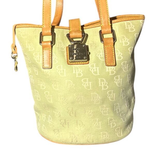 Dooney & Bourke Light Green Monogram Canvas Bucket Tote Bag With Leather Trim - Picture 2 of 16
